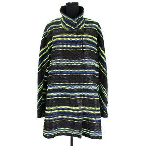 Milly Couture Eldridge Stripe Coat Black Tweed Snap Front L Neon Green Large